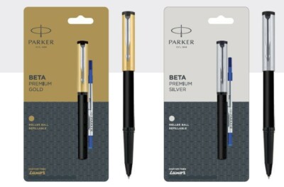 PARKER BETA PREMIUM GOLD SILVER CT ROLLER BALL PEN BLUE INK