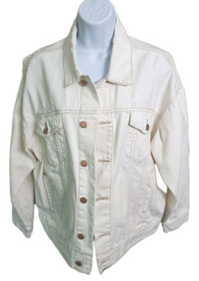 Free People Off White Denim Distressed Trucker Jacket Womens XS/ S Oversized fit