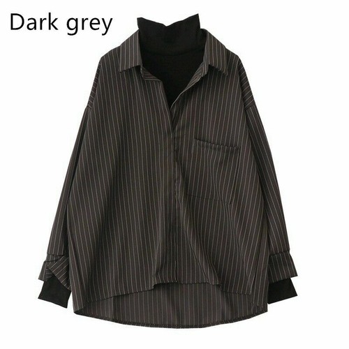 Women Stripe Shirt Blouse 2 In 1 Top Turtle Neck Gothic Harajuku Casua Loose - Picture 4 of 9