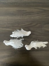 Lot Of 3 Small White Glittered Dove Bird Tree Clip Ornaments Fancy Feather Tail