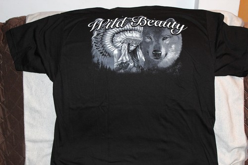 INDIAN LADY WOMAN HEADDRESS PEACE PIPE WOLF MOON WILD BEAUTY T-SHIRT SHIRT - Bild 2 von 2