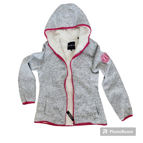 DKNY Girls Sherpa Lined Heather Gray Knit with Pink Piping Warm Hoodie L (14/16) - Picture 11 of 15