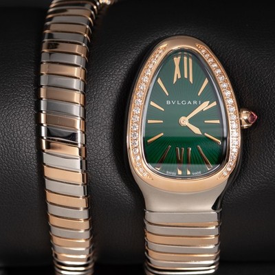 Bvlgari Serpenti Tubogas Watch 35MM18K Rose Gold & Steel Green Dial BOX & PAPER