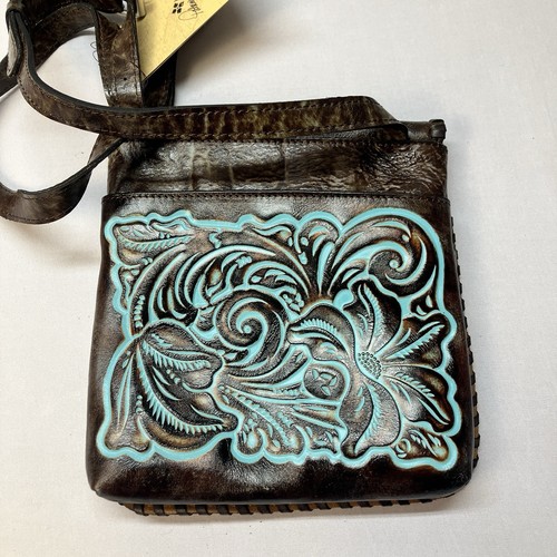 Patricia Nash GRANADA TOOLED TURQUOISE Leather Crossbody Satchel Bag Purse - Picture 5 of 15