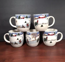 Set of 5 FOLKCRAFT Stoneware Winterside Mugs~ 16 oz Christmas Holiday Farm Scene
