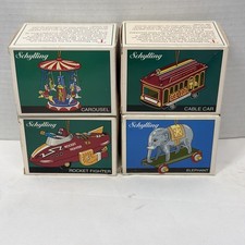 Lot of 4 Schylling Tin Toy Christmas Ornaments - Rocket, Elephant, Carousel MIB