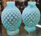 2 OPALESCENT HOBNAIL AQUA BLUE 4" TALL GLASS BUD VASES Fenton