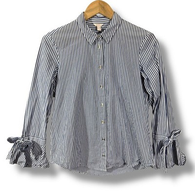 Esprit Blue White Stripe Button Up Shirt Bell Sleeve Tie Cuff Women Size 6