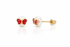 14k Yellow Gold Enamel Butterfly With Genuine Pearl Screw Back Stud Earrings