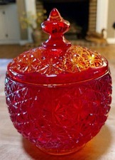 Vintage LE SMITH Amberina Red Glass Daisy Button Candy Dish & Lid Apothecary Jar