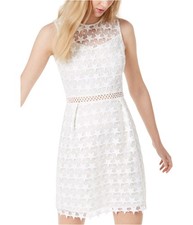 maison Jules Womens Star-Pattern Lace Fit & Flare A-line Dress, White, 10