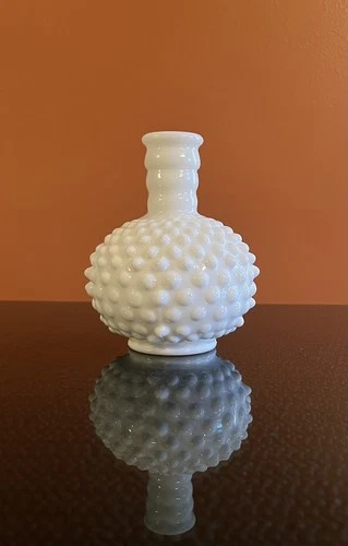 Vintage Fenton Bottle Vase Hobnail White Milk Glass Bud Vase Rounded 5”T 1”Wx4"W