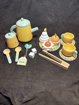 Wooden Pretend Play Tea Set with Cups, Teapot, Plates, Utensils, and Play Food