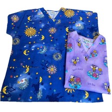 2 Simply Basic Scrub Tops Women's M Bears Colorful Bees Astrological Medical