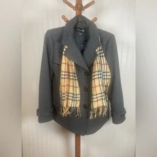 Classic Women’s Charcoal Wool Peacoat with Designer-Inspired Plaid Scarf - L