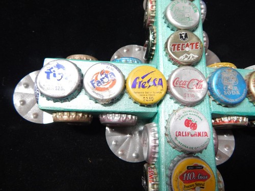 VINTAGE TIN + WOOD MEXICAN RELIGIOUS CATHOLIC FOLK ART SODA POP BEER CAP CROSS