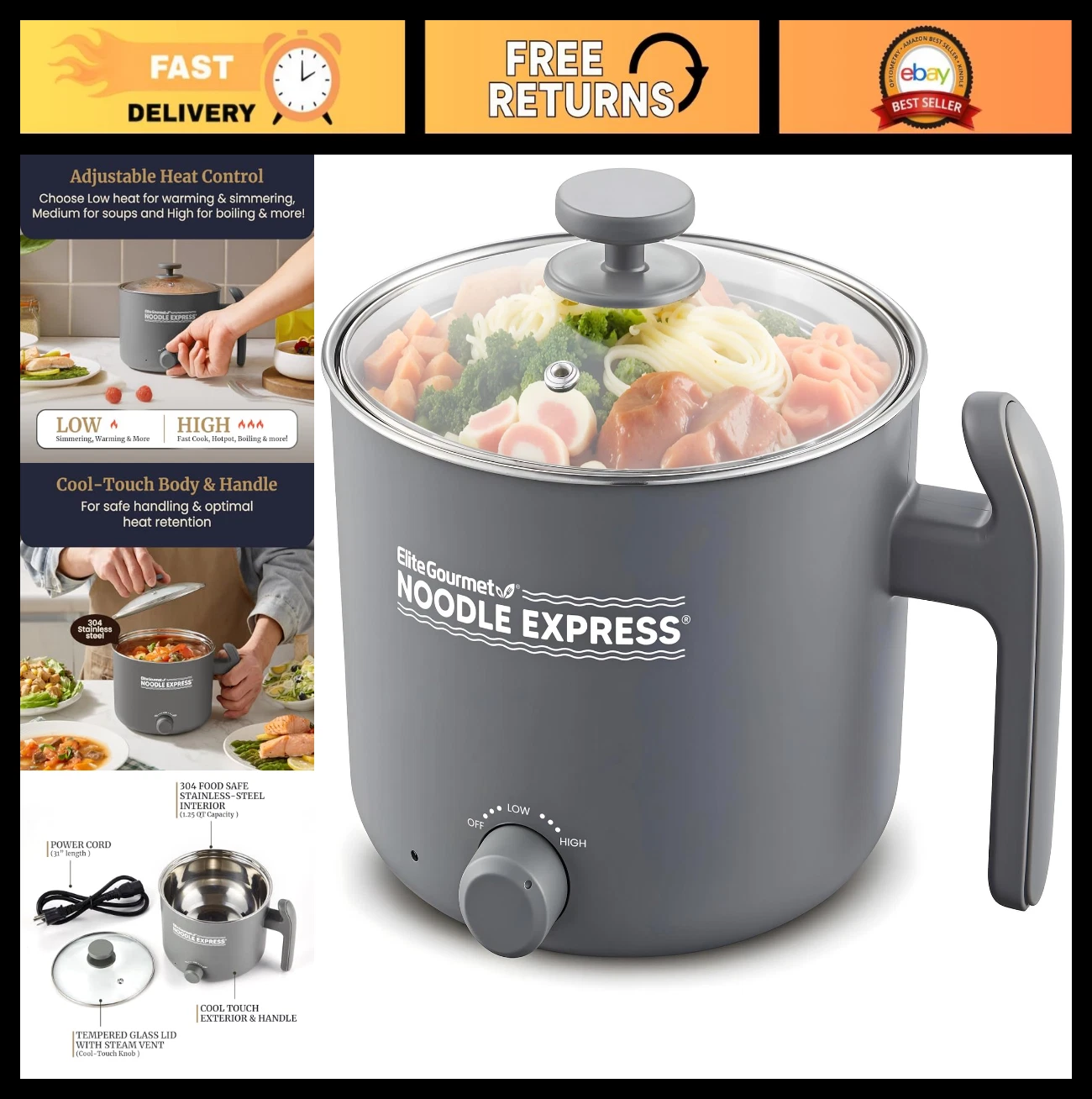 Hot Pot Noodle Cooker - Prepare Ramen, Rice, Soups & Stews, Stainless Steel, Gla