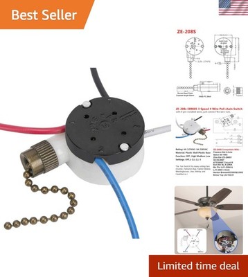 Ceiling Fan Switch Zing Ear ZE-208s E89885 3 Speed 4 Wire Pull Chain Switch F...