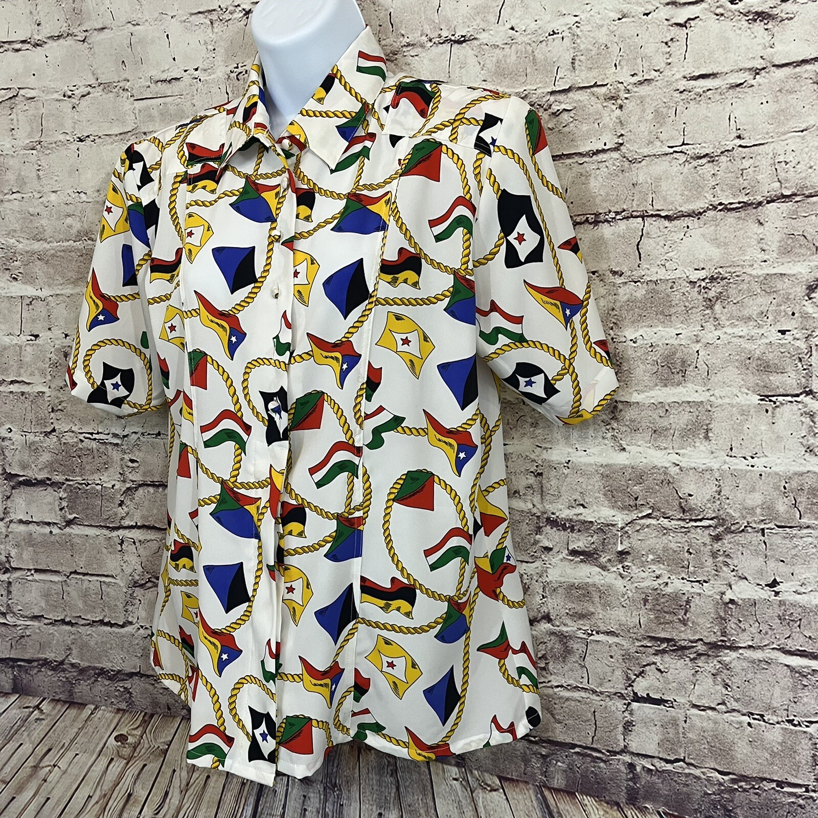 SAINT LAURENT Blusa donna Yves St Clair taglia 10 bianca nautica vintage bottoni manica corta