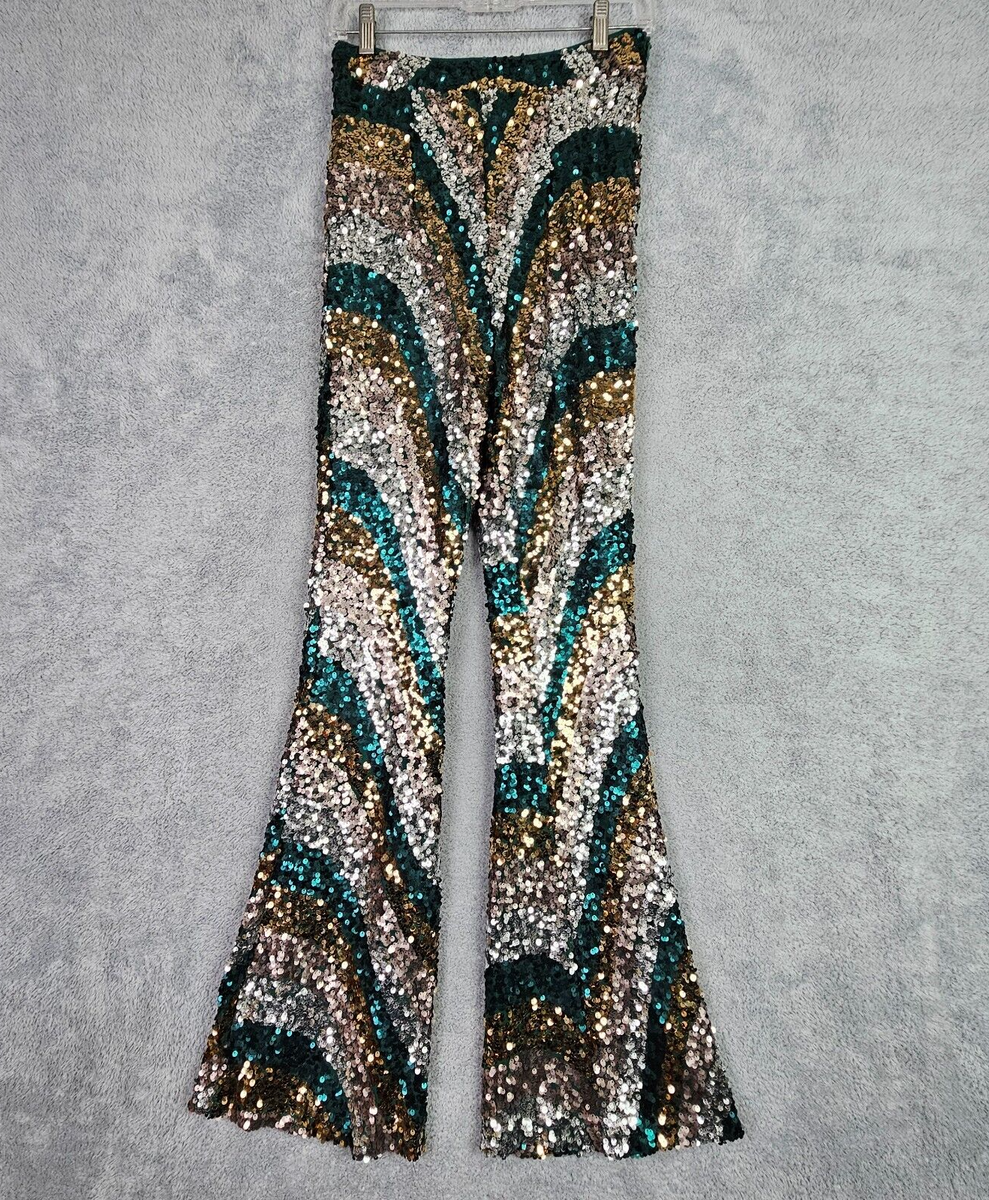Nasty Gal Sequin Pants Sz Gold High Waist Fit n Flare Wave Print