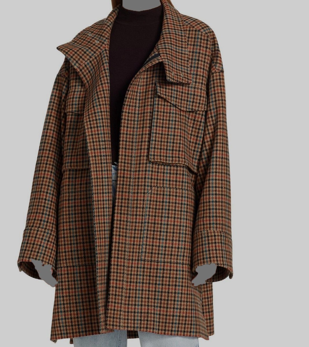 $1095 Women's Brown Houndstooth Wool Blend Oversized Coat