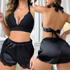 Women Lace Satin Sleepwear Lingerie Cami Shorts Pajamas Set Nightwear S-XL