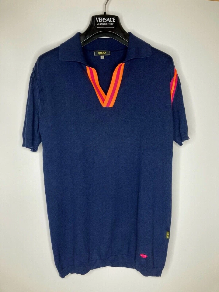 CAMISA POLO VERSACE J COUTURE VINTAGE NARANJA FORRADA EN V ALGODÓN HOMBRE AZUL MEDUSA ITALIA Foto 4 de 4