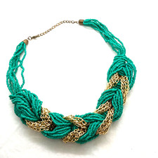 Chunky statement necklace glass seed bead gold tone chain 52cm costume jewellery