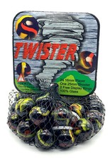 Net Bag 25 Twister Glass Mega Marbles 24 Players  1 Shooter Black w Red Yellow
