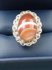 UNIQUE Art Deco Banded Agate Cabochon  Marcasite Sterling Silver Ring: Size 7