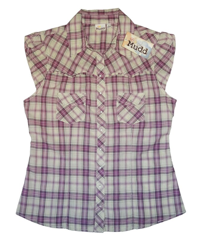 Y2K COUNTRY WESTERN *MUDD* PURPLE PLAID RUFFLE PEARL SNAP BLOUSE TOP SHIRT L NWT