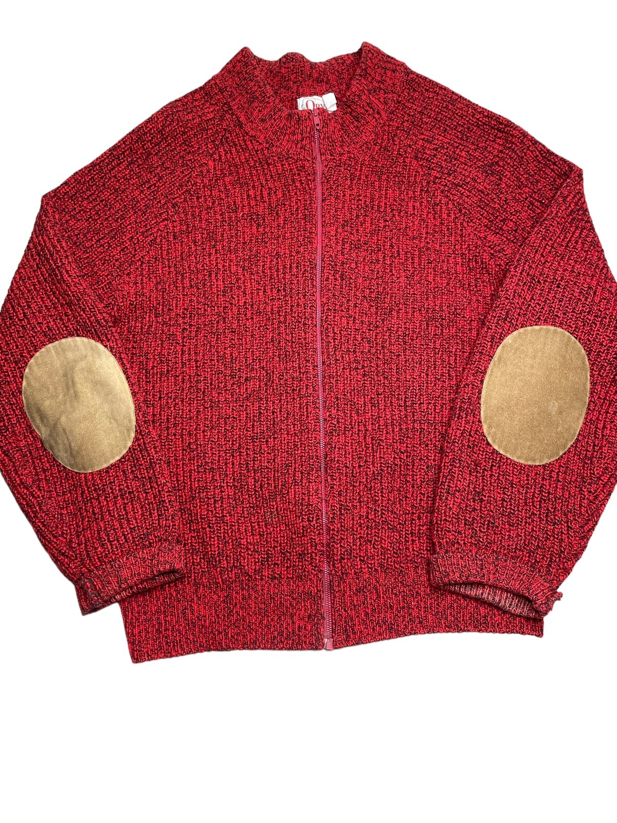 Orvis Mens Large Red Full ZipUp Sweater Cardigan Wool Elbow Patchs