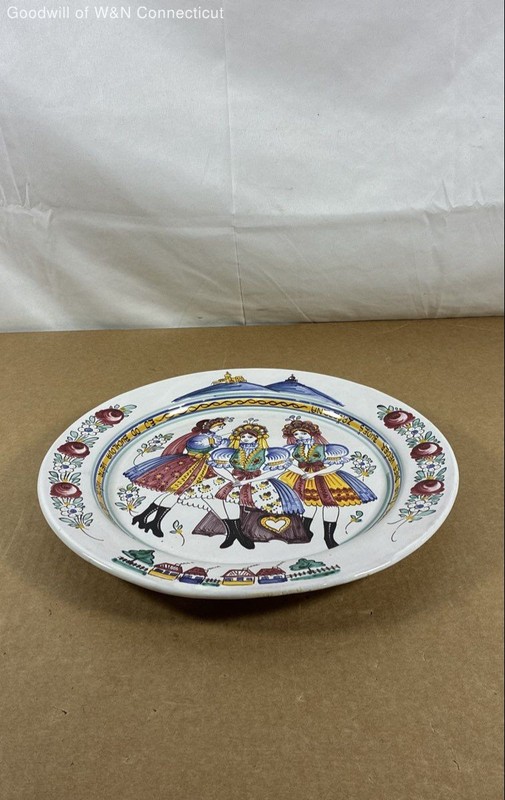 Vintage Majolica Ceramic Plate Hand Painted Czech Moravian Folk Art Wall Decor