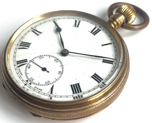 Gold Plated Crown Winding Antique Pocket Watch - Open Face - Swiss Made Vintage