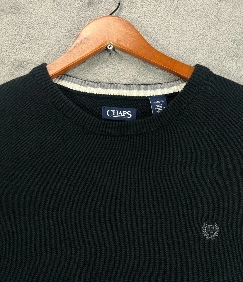 Suéter de punto negro XL para hombre CHAPS cuello redondo suéter preppy gris escudo logotipo algodón Foto 2 de 4