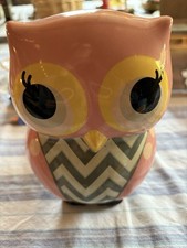 Pink Owl With Grey And White Stripes Bank -ceramic 8  