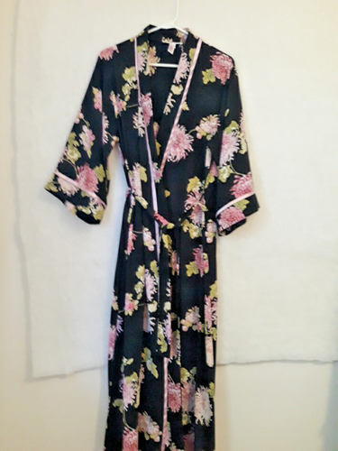 Oscar De La Renta Long Kimono Robe Satin Pink Floral on Black Size S