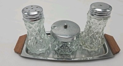 Vintage Glass Salt, Pepper, & Sugar Cruet Caddy Set With Metal Tray