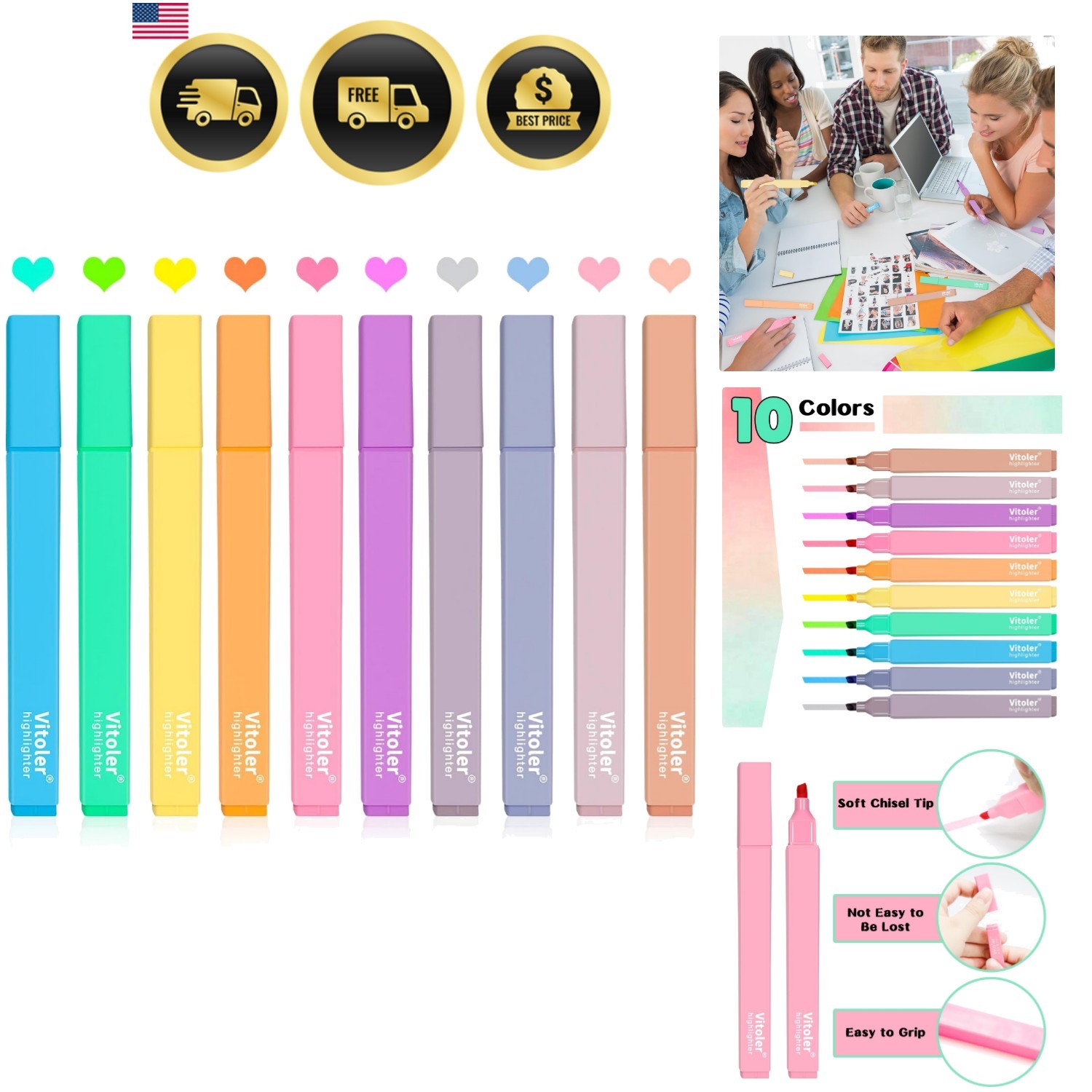 10Pcs Aesthetic Highlighters, Chisel Tip Marker Pens,Assorte