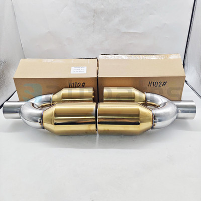 L&R PAIR 2.5'' INLET QUAD 4'' OUT DUAL WALL ANGLE CUT GOLDEN EXHAUST TIP STAGGERED