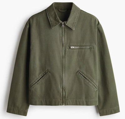 H&M Jacket Mens XL Green Cotton Canvas Zip Bomber Collared Lined Casual Workwear