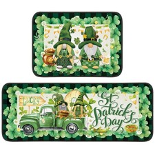 St Patricks Day Kitchen Rugs Set of 2, Non-Skid Washable Gnome Shamrock Clover F