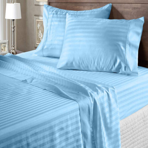  1200 Thread Count Egyptian Cotton Sky Blue Striped All Bedding Items US Size - Picture 1 of 13