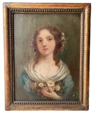 18th CENTURY SIGNED FRENCH OLD MASTER OIL CANVAS - PORTRAIT OF A LADY WITH ROSES