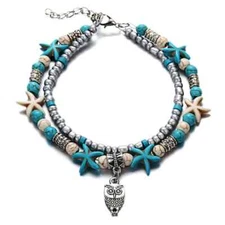 Owl and Starfish Anklet Turquoise Bead Ankle Bracelet Women Fashion Jewelry 