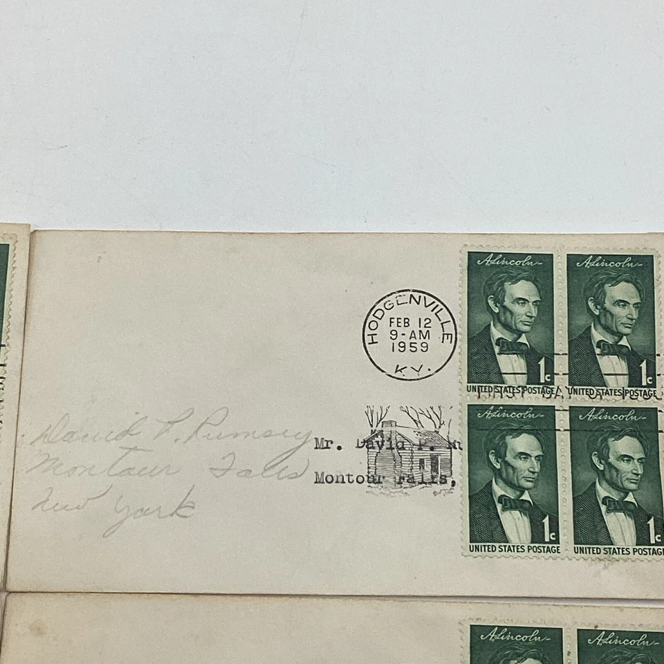 (4) US 1959 FDC Abraham Lincoln 1¢ Sesquicentennial Block of 4 Stamps - Image 3 of 4