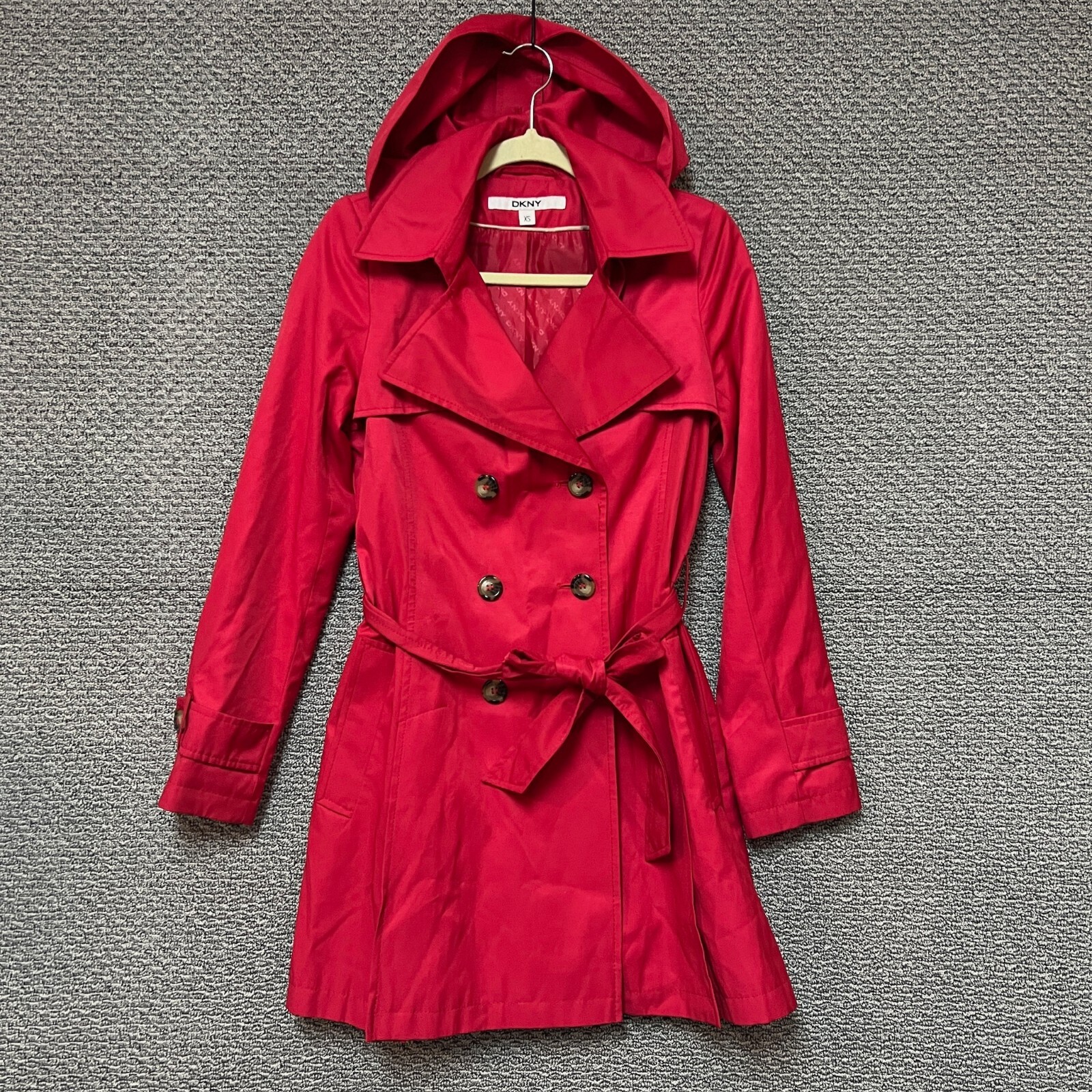 DKNY Women's Trench Coat Size XS Real Red Hooded Belted Double