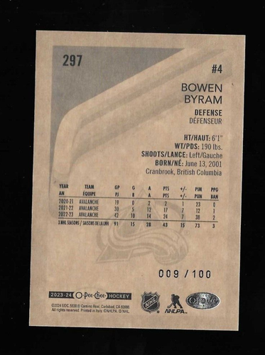 BOWEN BYRAM 2023-24 O-PEE-CHEE #297 RETRO BLACK BORDER PARALLEL /100 - Picture 2 of 2