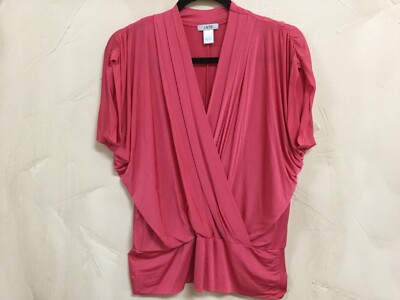 Cach'e Womens Size XS Crossover Blouse Top Dolman Sleeves Rose Coral Ruching