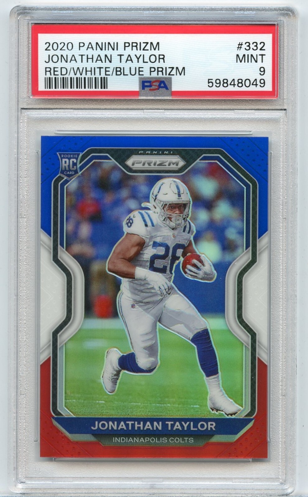 2020 JONATHAN TAYLOR PANINI PRIZM RED WHITE BLUE PSA 9 MINT ROOKIE CARD #332 RC